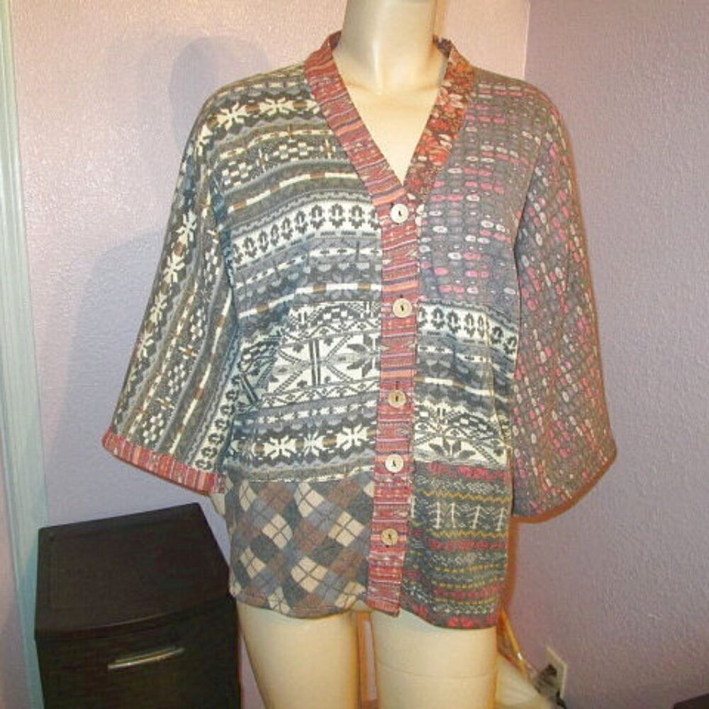 Vtg Sacred Threads Knit Cardigan Sweater Size M Patchwork Kimono Hippie Boho Art